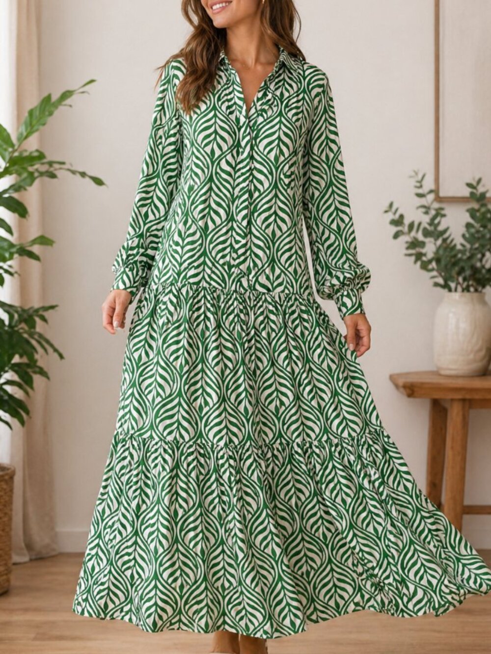 Green White Leaf Print Tiered Maxi Dress Plus Size Flowy XL+ Boho Resort